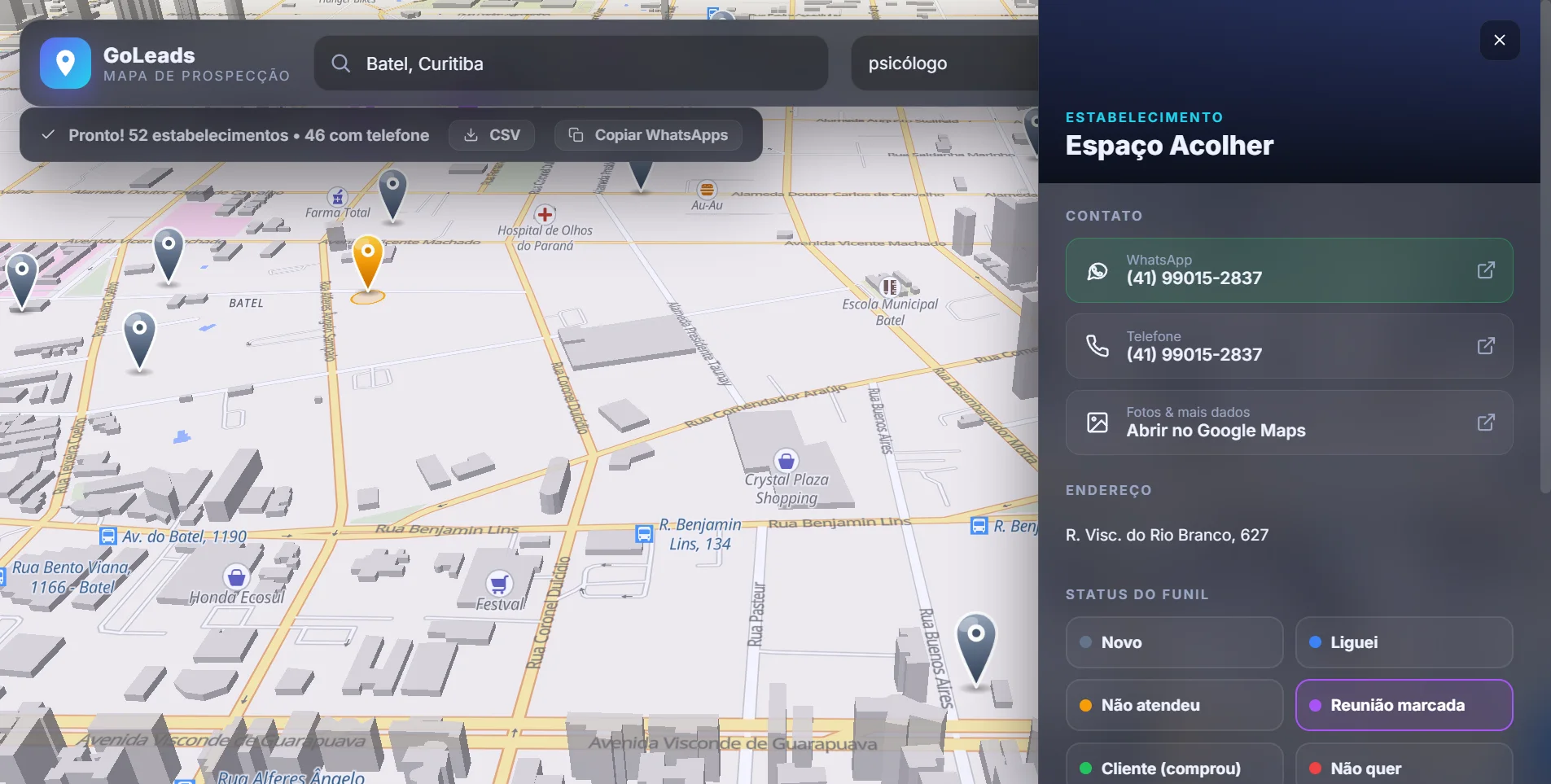 Ficha do estabelecimento no GoLeads com WhatsApp, telefone, endereço e funil de status