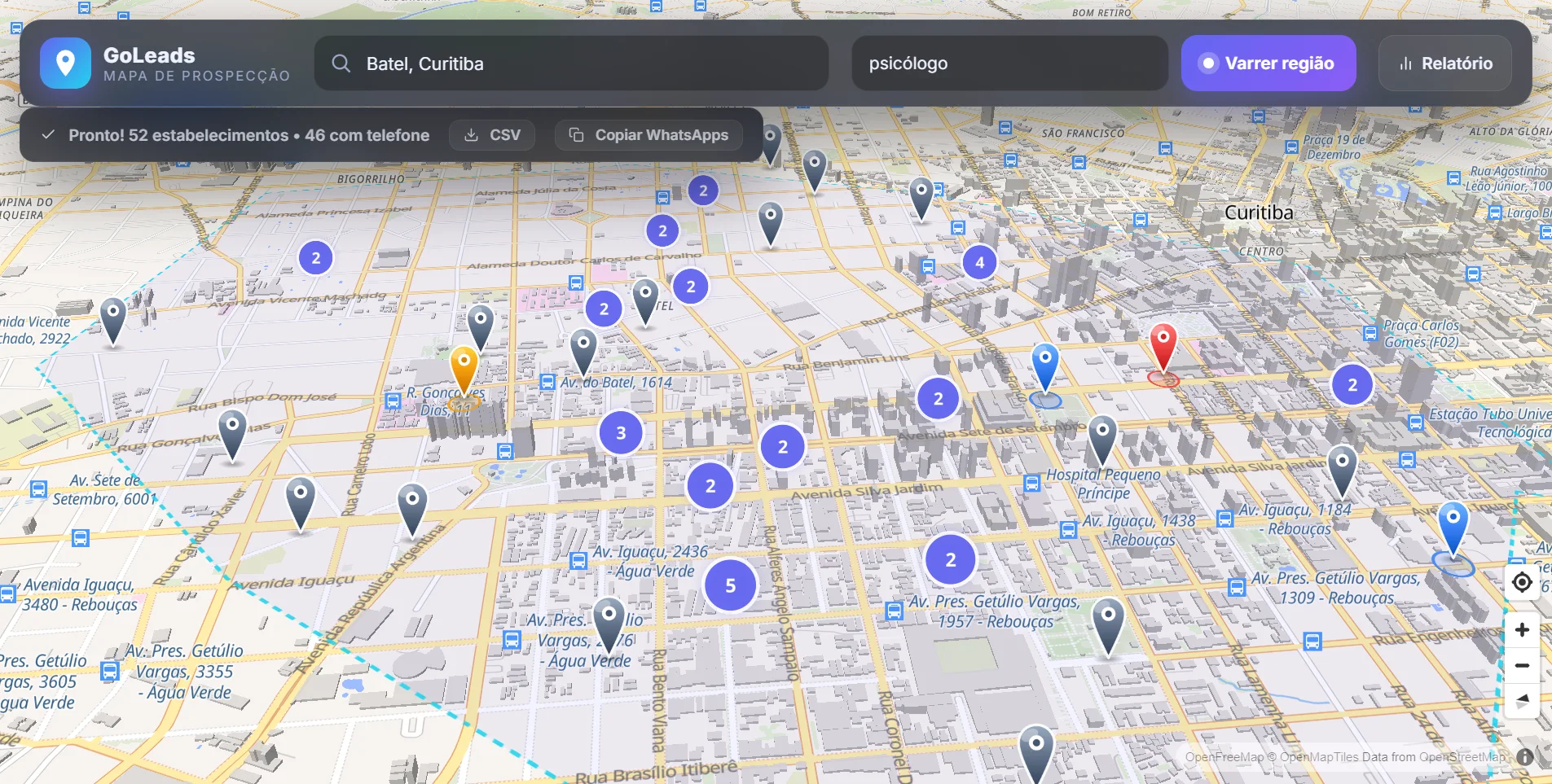 GoLeads varrendo psicólogos no Batel, Curitiba: 52 estabelecimentos encontrados no mapa 3D